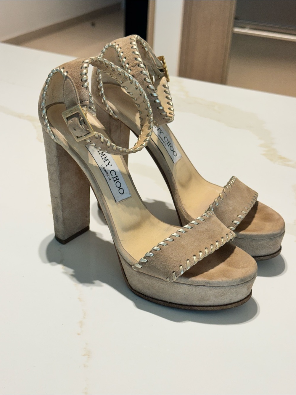 Jimmy Choo Nude Beige Suede Platform Sandals with Whipstitch Detail